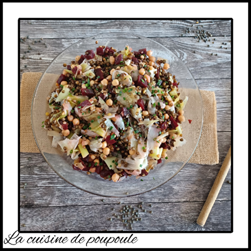 Salade de lentilles, poix chiches, poireaux et betteraves