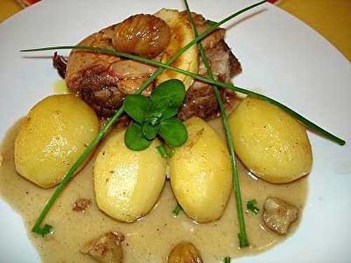 Rôti d'Echine de Porc au Cidre, Foie Gras Poêlé et Pommes Fondantes