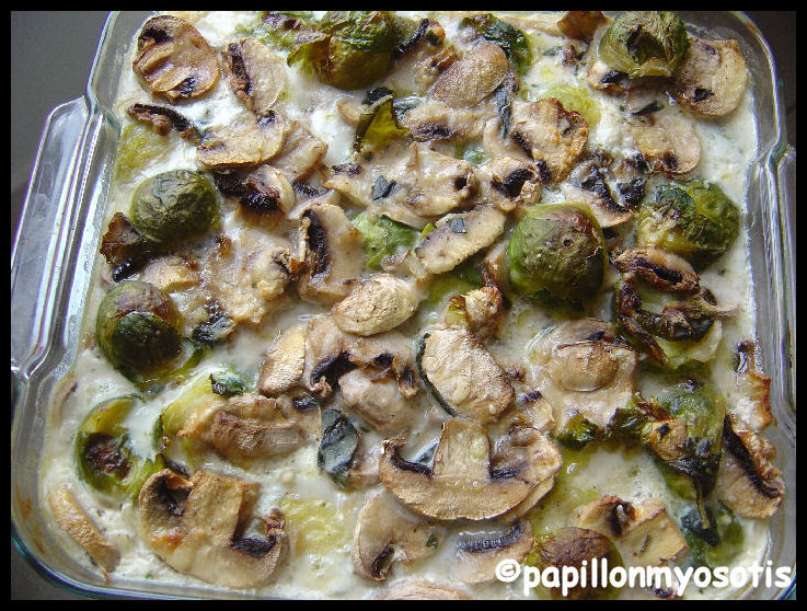 GRATIN DE POISSON AUX CHOUX DE BRUXELLES ET CHAMPIGNONS DE PARIS