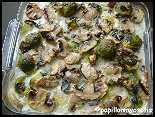 GRATIN DE POISSON AUX CHOUX DE BRUXELLES ET CHAMPIGNONS DE PARIS