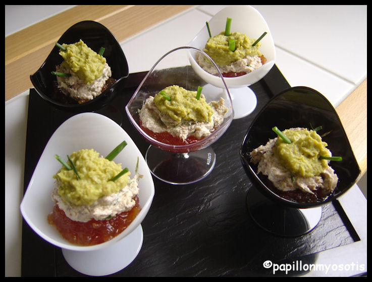 VERRINES 3 COULEURS : PETITS POIS, RILLETTES DE SARDINES ET TOMATE [#POISSON #APÉRO #VERRINES]