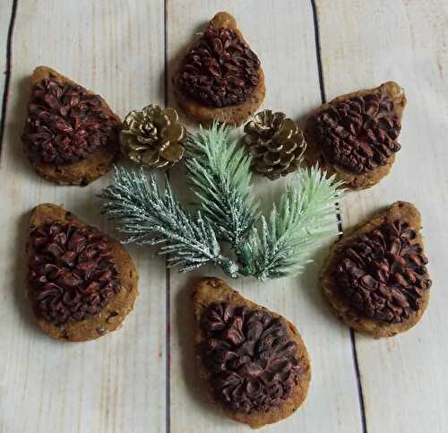 Pommes de pins sur biscuits aux flocons d’avoine & grué de cacao {IG bas – Option vegan}