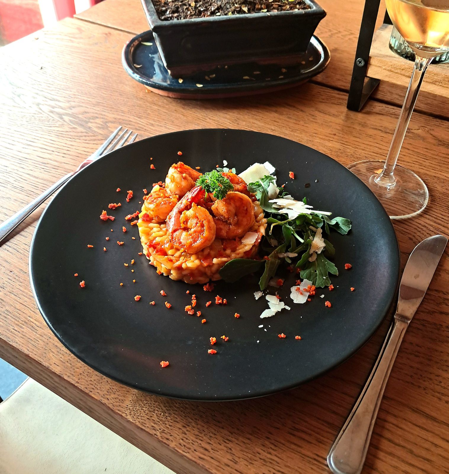 Scampis et risotto au chorizo