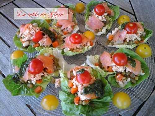 Salade de saumon et macédoine de légumes en feuilles de sucrine