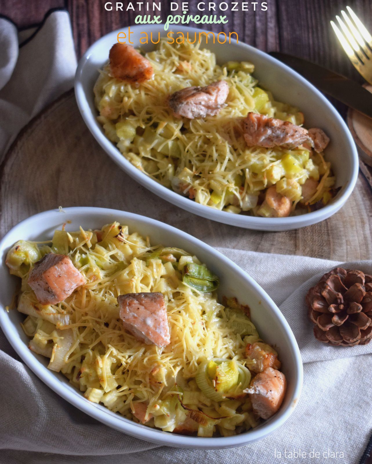 Gratin de crozets aux poireaux et au saumon