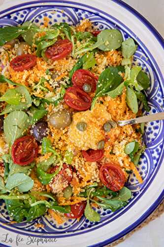 Couscous d'été aux tomates confites au four, houmous au paprika