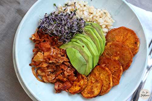 "Jack fruit"en sauce barbecue et patates douces au paprika