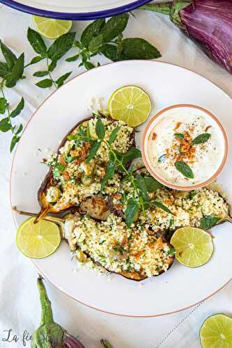 L'aubergine en fête, un article, deux recettes : aubergines grillées et couscous, sauce blanche à la menthe et tartinade d'aubergines aux câpres