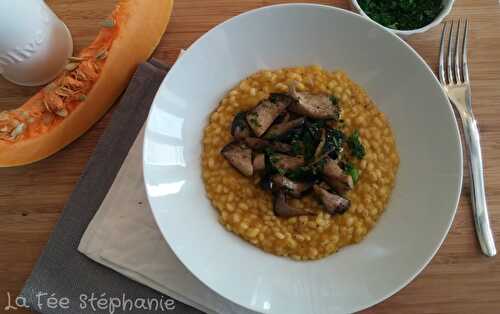 Orge perlé à la courge façon risotto et sa poêlée de pleurotes, recette cruelty free