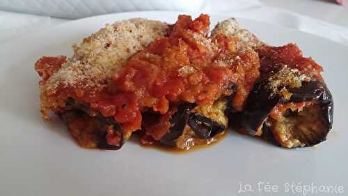 Petits roulés d'aubergines, farcis d'une terrine d'aubergines et gratinés au four