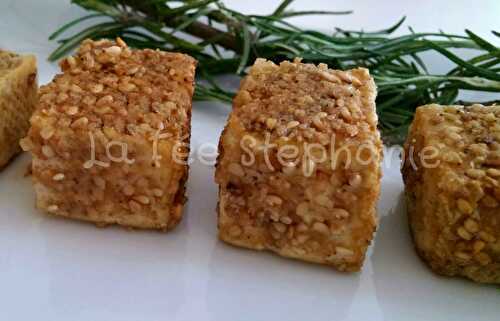 Que faire avec du tofu? Des petits amuse bouches: cubes de tofu grillés enrobés de gomasio - La fée Stéphanie