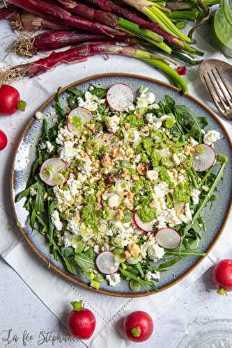 Belle salade printanière, sauce citron et fanes de radis