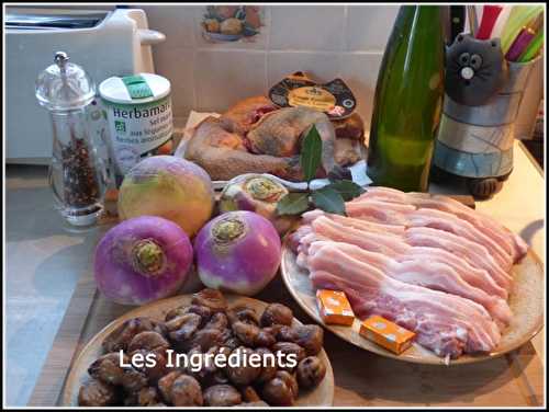 Bäckeoffe de marrons, navets et pintade au lard