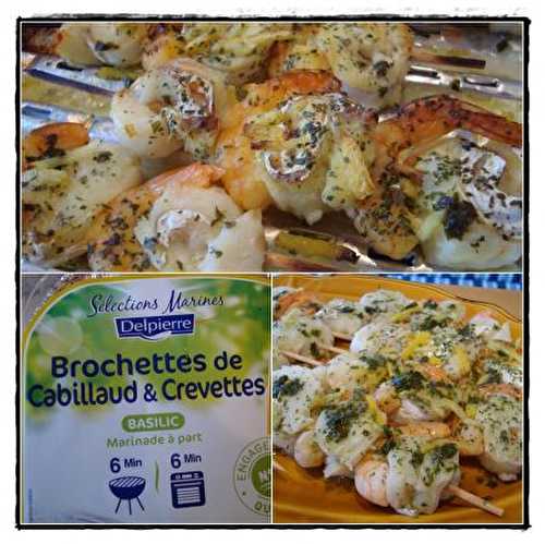 Brochettes de cabillaud et crevettes marinées au basilic