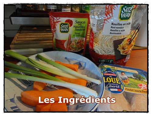 Nouilles chinoises sautées au poulet et petits légumes