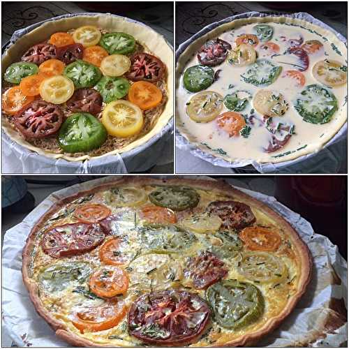 Une tarte aux rillettes de poulet et tomates colorées