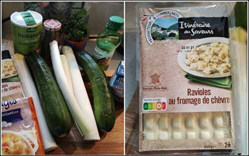 Gratin de ravioles au chèvre aux poireaux et courgettes