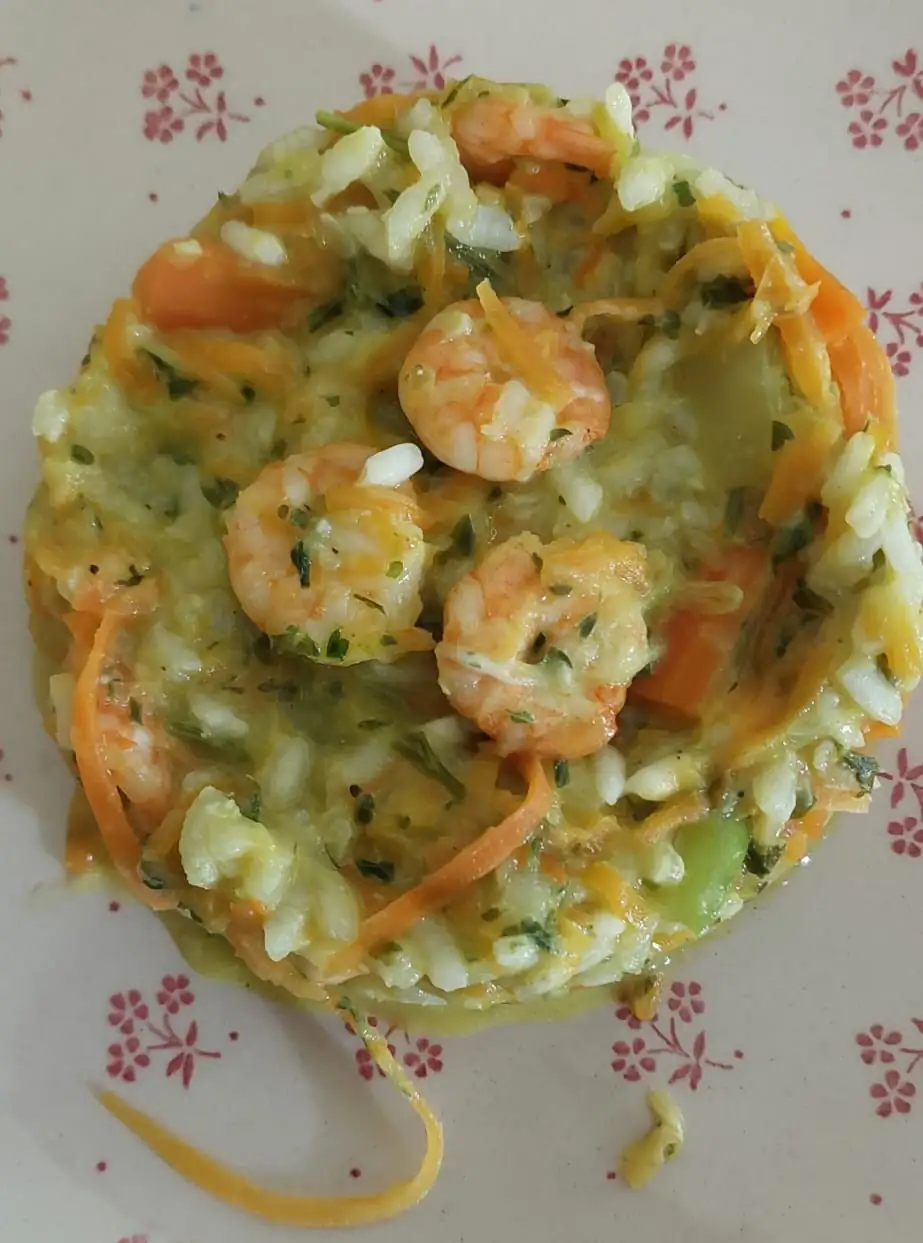 Risotto aux crevettes, carottes et courgettes au Boursin et à la persillade maison