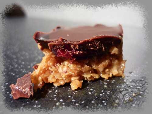 Bouchées flocons d'avoine, caramel, cramberries et chocolat - La petite cuisine de Framboisine