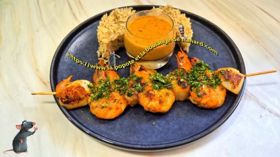 Brochettes de St Jacques et gambas à la plancha