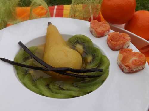 Poire au sirop d’agrumes et kiwi en tranches pour la st Valentin