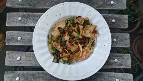 Spaghetti aux jeunes poireaux et "poulet" grillé