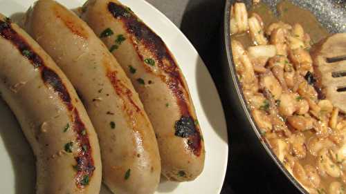 Boudins blancs aux cèpes accompagnés d’une sauce poire et de champignons de Paris…