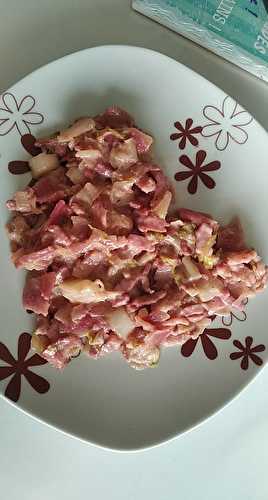 Ma fondue d'endives et de radis red meat sur un lit de lardons et bacon fumé au fromage de chèvre frais - Le blog de "Bienvenue-chez-Amélie"