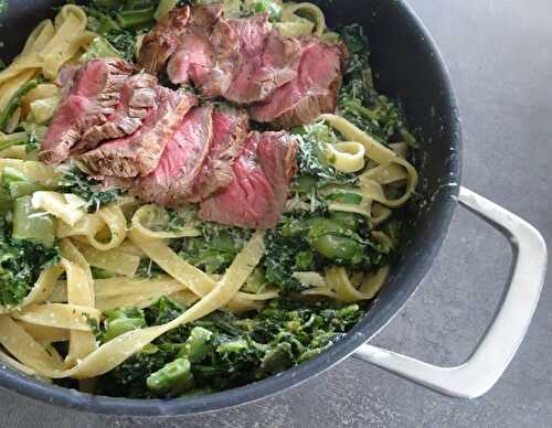 Pappardelle, sauce aux noix et épinards, steak