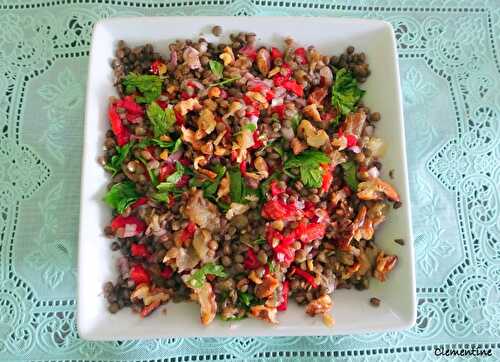 Salade de lentilles aux aubergines carbonisées, poivrons et noix