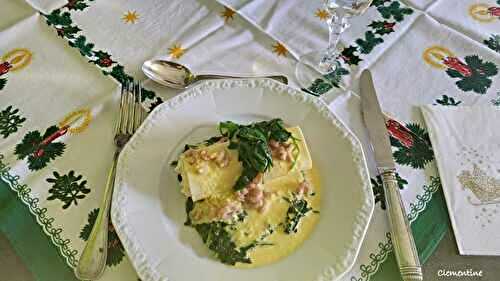 Cannelloni au saumon, crevettes, épinards et sauce au safran