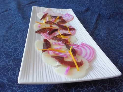 Carpaccio de betterave Chioggia pomme grany et magret de canard