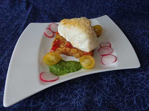 Dos de cabillaud croûte de parmesan, ratatouille et coulis de persil