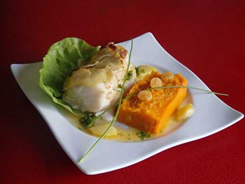 Dos de cabillaud en écaille de pommes de terre, purée de butternut et sauce clémentine