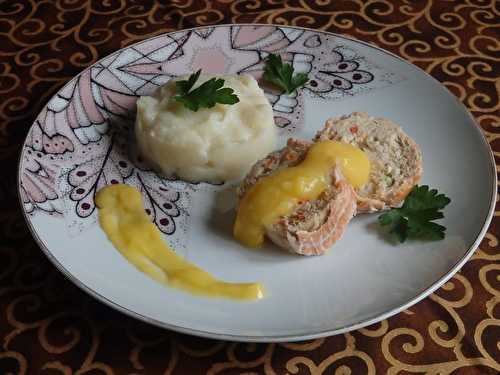 Rôti de saumon et Saint Jacques, purée de chou-fleur et sauce à l’orange
