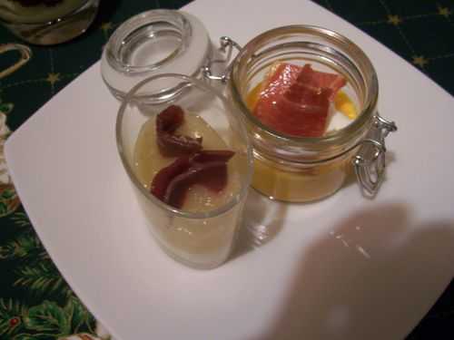 Verrine chèvre frais, pomme verte et magret fumé