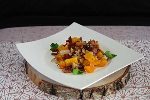 Crumble gratiné de butternut, poires et bacon