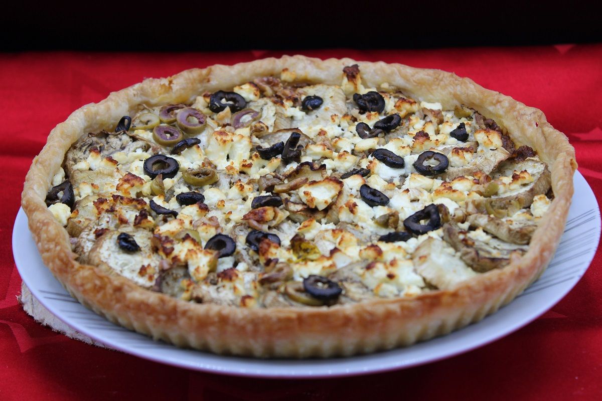 Tarte fine aux aubergines, pesto et féta