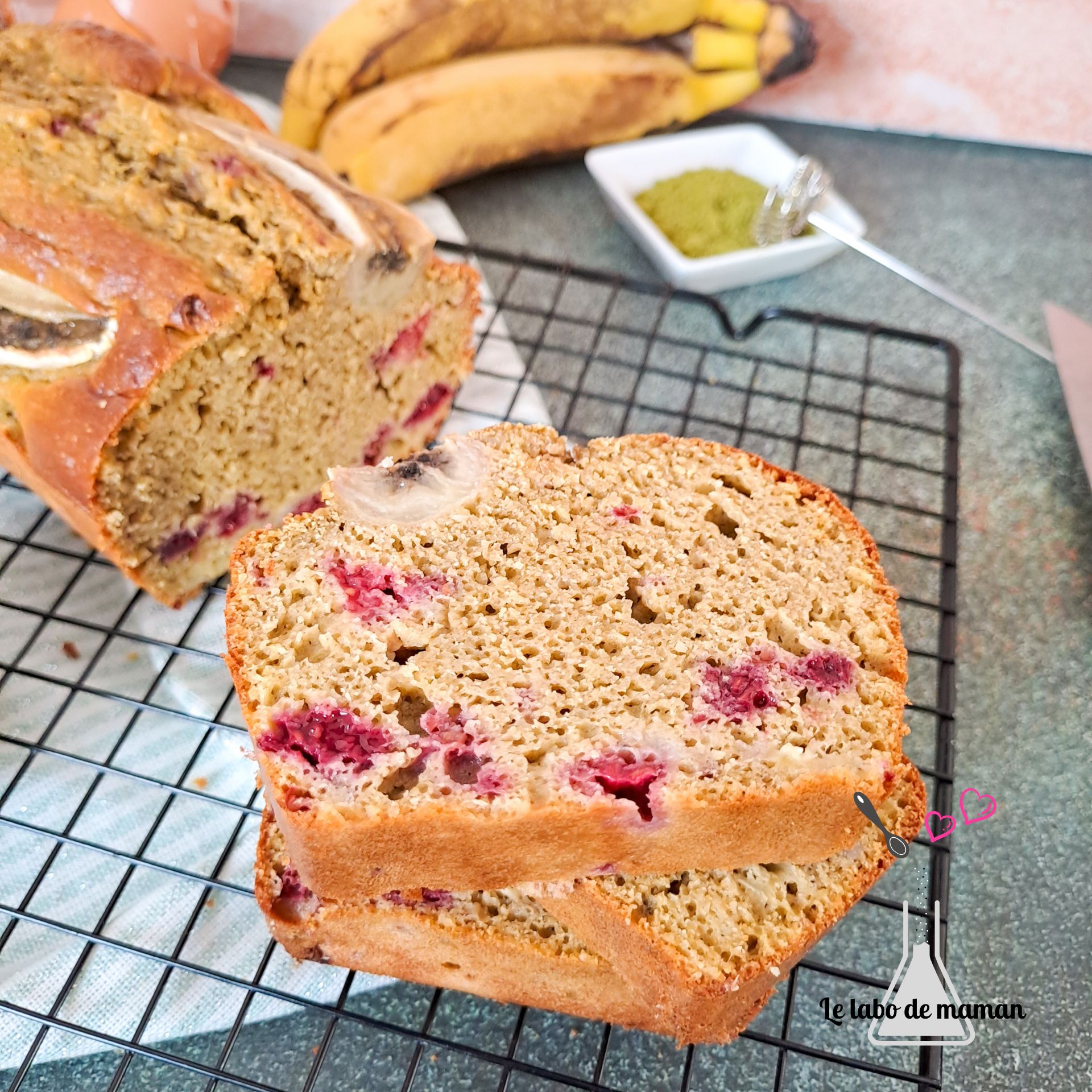 Bananabread thé matcha et framboises