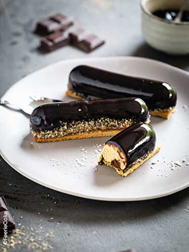 Entremets chocolat, caramel et noisettes façon éclair