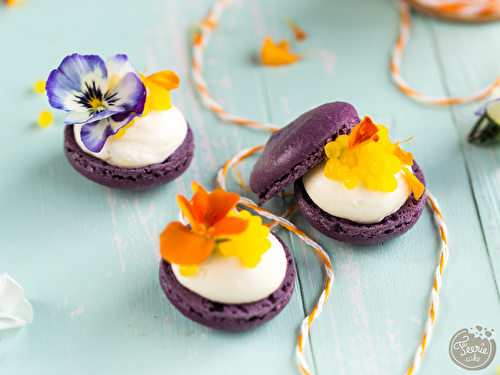Macarons façon toasts, ganache parfumée à la violette et caviar de mangue - Féerie cake