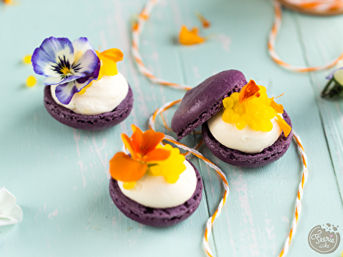 Macarons façon toasts, ganache parfumée à la violette et caviar de mangue