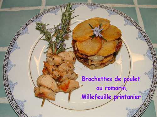 Brochettes de poulet au romarin, millefeuille printanier