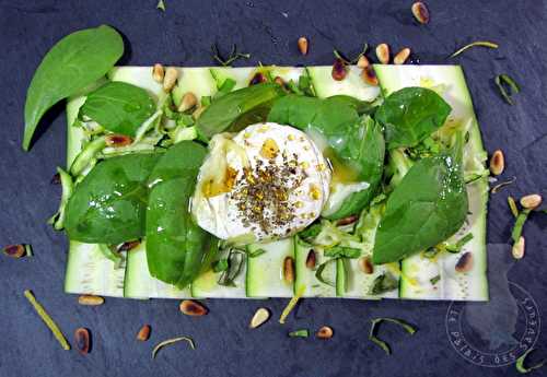 Carpaccio de courgette, chèvre chaud, citron et miel