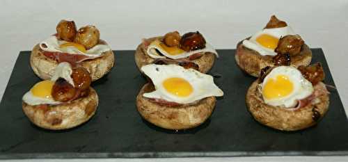 Champignons aux oeufs de caille et aux petits oignons caramélisés