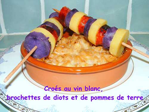 Croés au vin blanc, diots de Savoie et duo de pommes de terre en brochettes - Le Palais des Saveurs