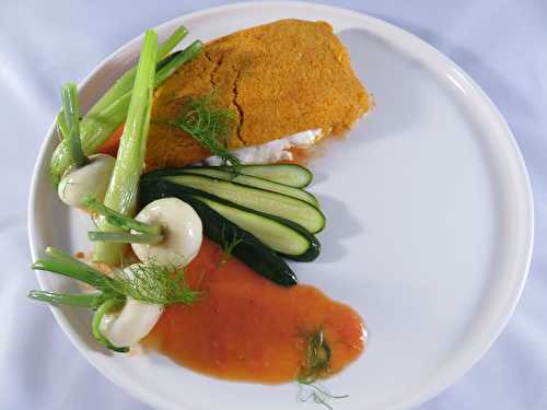 Dos de loup en croûte de tomate, jeunes légumes