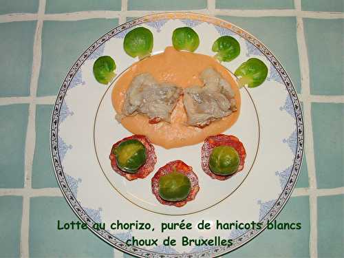 Lotte au chorizo, purée de haricots blancs et choux de Bruxelles