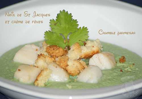 Noix de St Jacques et crème de fèves, crumble parmesan