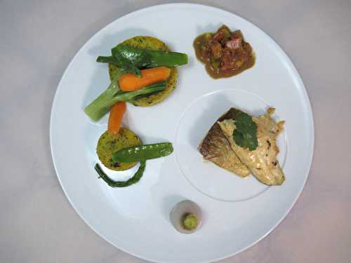 Omble chevalier doré au beurre, polenta aux herbes, vinaigrette tiède aux agrumes